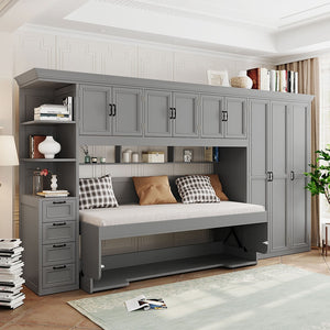 English Elm Twin Murphy Wall Bed with Integrated Desk Wardrobe and Storage Cabinet in White LP000767AAE