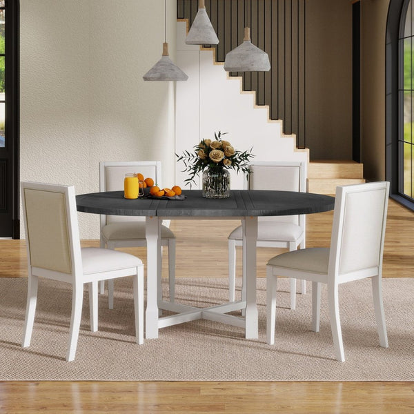 English Elm Trexm Farmhouse Round Extendable Dining Set Birch Veneer Table Upholstered Chairs ST000139AAE