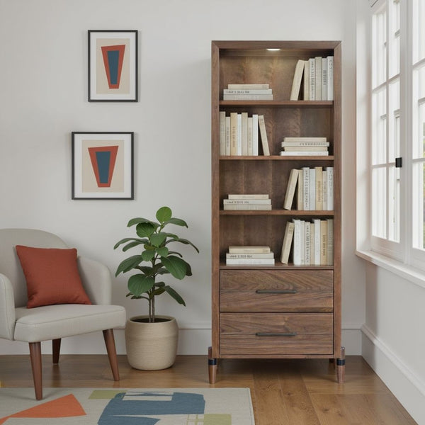 English Elm Tranquility Mid-century Bookcase Pier with Led Shelves Walnut Veneer and Drawer Storage B108P411440