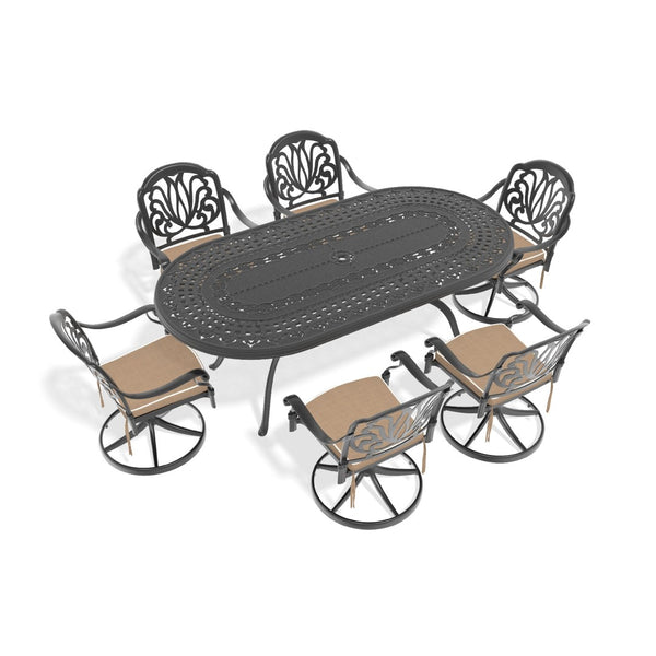 English Elm 7-piece Cast Aluminum Outdoor Dining Set Ornate Carved Relief Oval Table Swivel Chairs W1710S00652
