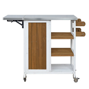 English Elm Foldable Outdoor Kitchen Cart with Stainless Worktop Fir Wood Frame and Lockable Wheels Brown+White N719P380281Z