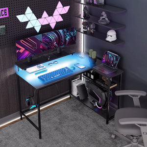 English Elm HOMCOM LED L-Shaped Desk with USB & Power Outlets, Monitor Stand, Shelves, Remote Lighting Ambience Black W2225P217261