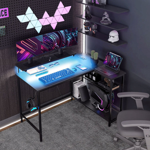 English Elm HOMCOM LED L-Shaped Desk with USB & Power Outlets, Monitor Stand, Shelves, Remote Lighting Ambience Black W2225P217261