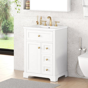 English Elm "24'' 24 Inch Glossy Freestanding Bathroom Vanity with Gold Hardware and Soft Close Storage White Pinewood N725P375495K