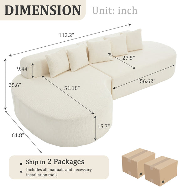 English Elm 110.2 Curved L-Shape Boneless Couch White - Deep-Seat Sectional with 5 Pillows, Memory Foam Comfort W1249S00009