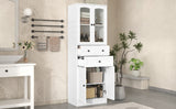 English Elm Tall Bathroom Storage Cabinet, Cabinet With Four Doors and Drawers, Adjustable Shelf, Mdf Board, White