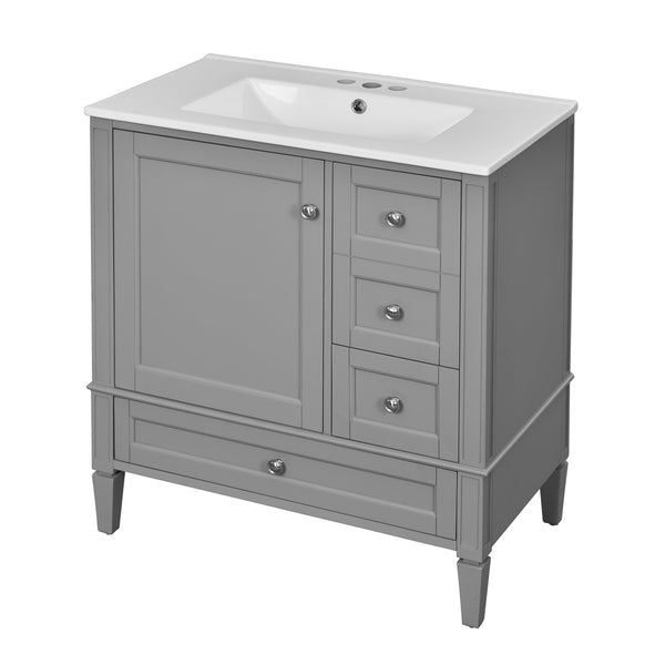 English Elm 30 30 Inch Bathroom Vanity with Ceramic Sink, Modern Compact 3-Drawer Storage Cabinet for Small Baths Grey N710P247499E