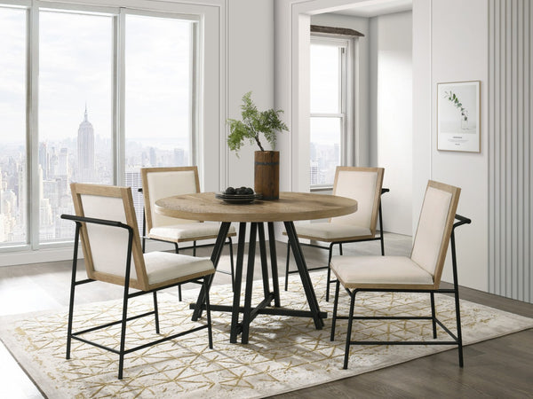 English Elm Tiziano 47 Inch Round Dining Set Distressed Oak Veneer with Cream Upholstered Chairs B2749S00303