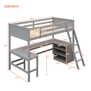 English Elm Twin Loft Bed with Desk and Shelves Solid Pine Kids Bedroom Space Saving Design Gray LT001537AAE