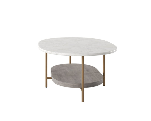 Sunpan Deja Coffee Table - Mid-Century Inspired Oval Design with White Marble & Grey Acacia Wood Shelf