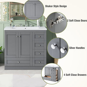 English Elm 36 Inch Shaker Style Free-Standing Bathroom Vanity Cabinet with Resin Sink, Soft-Close Storage Elegance Gray SV000021AAE