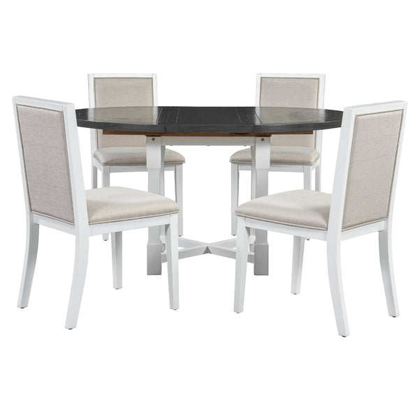 English Elm Trexm Farmhouse Round Extendable Dining Set Birch Veneer Table Upholstered Chairs ST000139AAE