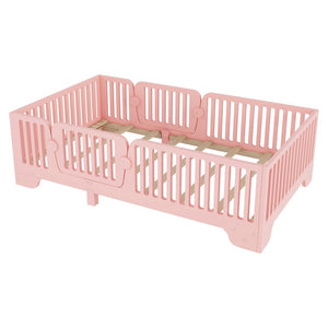 English Elm Twin Montessori Floor Bed with Safety Rails Hinged Door and Plywood Slats for Kids Pink W2593P381410
