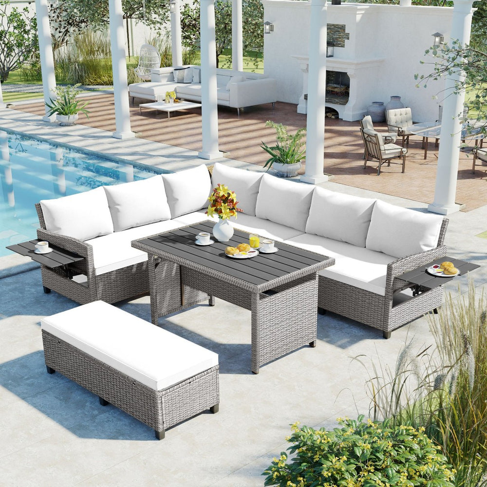 English Elm Tomax Outdoor Pe Wicker Sectional Set Seats 7 with Dining Table and Side Tables N717S100006K