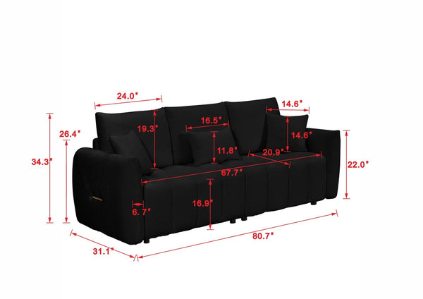 English Elm 80.7 Inch Plush Teddy Velvet 3 Seat Sofa Solid Wood Frame with Six Included Cushions Black W2564S00067