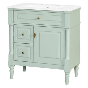 English Elm 30" Freestanding Bathroom Vanity Rubberwood Frame Ceramic Sink Flip Drawer Storage Green N725P356062F