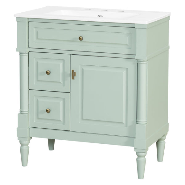 English Elm 30" Freestanding Bathroom Vanity Rubberwood Frame Ceramic Sink Flip Drawer Storage Green N725P356062F