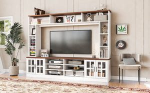English Elm 95.5" Wide Modern Farmhouse Wall Unit with Tempered Glass Cabinets and Bookshelf Storage White SJ000157AAK