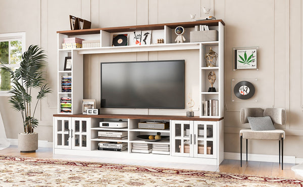 English Elm 95.5" Wide Modern Farmhouse Wall Unit with Tempered Glass Cabinets and Bookshelf Storage White SJ000157AAK