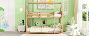 English Elm Twin House Floor Bunk Bed With Guardrails & Ladder - Solid Rubberwood, White Oak Finish, Ideal For Kids W504P227942-GIGA