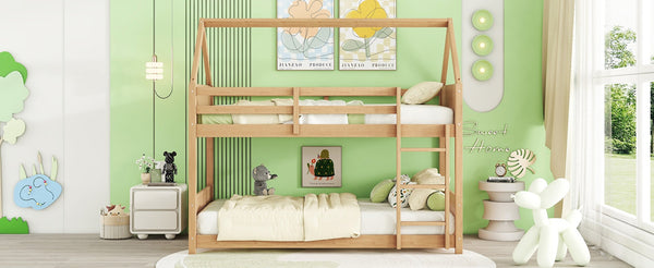 English Elm Twin House Floor Bunk Bed With Guardrails & Ladder - Solid Rubberwood, White Oak Finish, Ideal For Kids W504P227942-GIGA