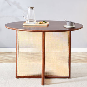 English Elm Chinese Solid Wood Round Table - Rustic Walnut Finish With Imitation Rattan | Versatile & Easy Assembly! W1151P154828