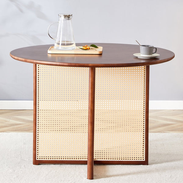 English Elm Chinese Solid Wood Round Table - Rustic Walnut Finish With Imitation Rattan | Versatile & Easy Assembly! W1151P154828