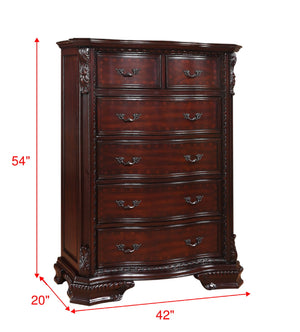 English Elm 1pc Six-Drawer Chest with Antique Brass Handles, Curved Silhouette, Dark Cherry Finish, Solid Wood, 42x20x54" B2741P366080
