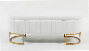 English Elm Oval Velvet Storage Bench with Metal Legs — Luxurious Upholstered Ottoman with Lift-Top Storage, 300lb Capacity, Modern Decorative Seating Ivory T3903P372929