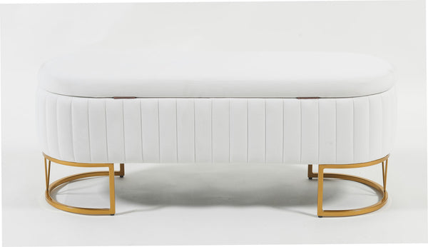 English Elm Oval Velvet Storage Bench with Metal Legs — Luxurious Upholstered Ottoman with Lift-Top Storage, 300lb Capacity, Modern Decorative Seating Ivory T3903P372929