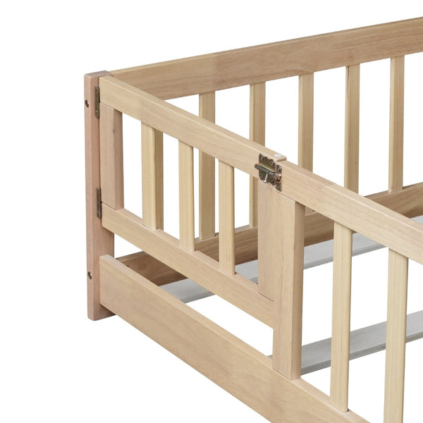 English Elm Queen Rubber Wood Floor Bed with Full Perimeter Safety Fence and Hinged Access Door Natural W504P429341