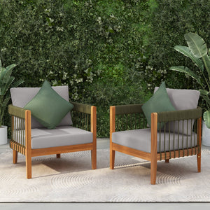 English Elm Christopher Knight Home® - [Set Of 2] Stylish Acacia Wood Outdoor Lounge Chairs With Handwoven Rope & Water-Resistant Cushions N767P265743E_2