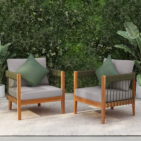 English Elm Christopher Knight Home® - [Set Of 2] Stylish Acacia Wood Outdoor Lounge Chairs With Handwoven Rope & Water-Resistant Cushions N767P265743E_2