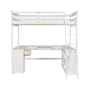 English Elm Full Loft Bed with U-Shaped Workstation, Built-In Drawers, Shelves & Cabinet for Space Saving White GX001039AAK