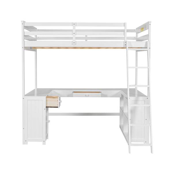 English Elm Full Loft Bed with U-Shaped Workstation, Built-In Drawers, Shelves & Cabinet for Space Saving White GX001039AAK