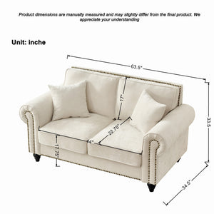 English Elm Modern Chenille 3+2 Seater Sofa with Rolled Arms, Velvet Touch, Nailhead Trim, Solid Wood Legs, Cozy Beige W3373S00022