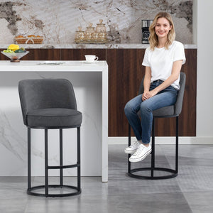 English Elm Counter Height Barstools Set of 2 Linen Upholstered Barrel Seat with Iron Legs Gray W395P410436