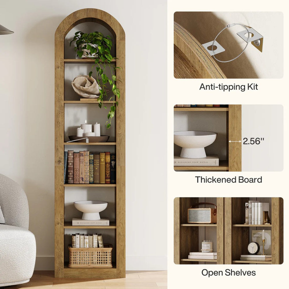 English Elm Open Arched Bookcase Six Tier Slim Natural Wood Finish Display Shelf for Any Room T3971P462366