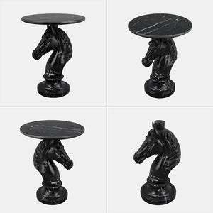 English Elm Horse Head Sculpted Resin End Table with Faux Marble Top for Bold Living Rooms Black W5398P454679