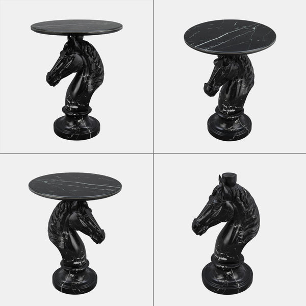 English Elm Horse Head Sculpted Resin End Table with Faux Marble Top for Bold Living Rooms Black W5398P454679