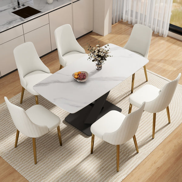 English Elm 63"Modern Elegant White Sintered Stone Dining Table With Black Metal Legs - Seats 6 Comfortably W1535S00534