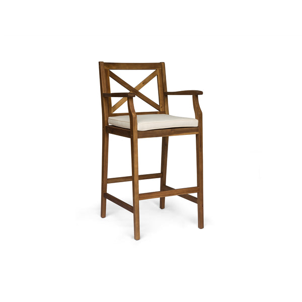 English Elm Christopher Knight Home® - PERLA Acacia Wood Outdoor Barstool Set of 2 with Water-Resistant Cushions, Cross-Back Farmhouse Charm Brown 63748.00CRM