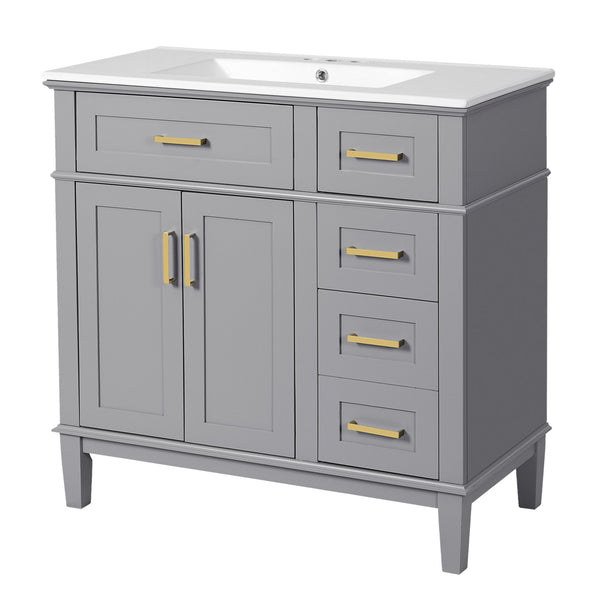 English Elm 36" Gray Modern Bathroom Vanity with Ceramic Sink, Solid Wood Frame, Soft-Close Doors & 4 Drawers N729P253935E