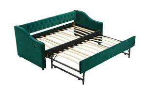 English Elm Twin Velvet Daybed with Pull Out Trundle Tufted Back Usb Port and Side Pockets Emerald W1361S00038