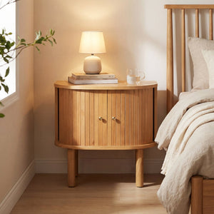 English Elm Semi-cylindrical Solid Wood Nightstand with Slatted Doors and Brass Knobs for Bedroom N758P389137N
