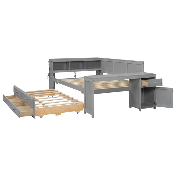 English Elm Full Size Pine Wood Platform Daybed with Led Headboard Desk Storage and Charging Gray N7090000475E-1