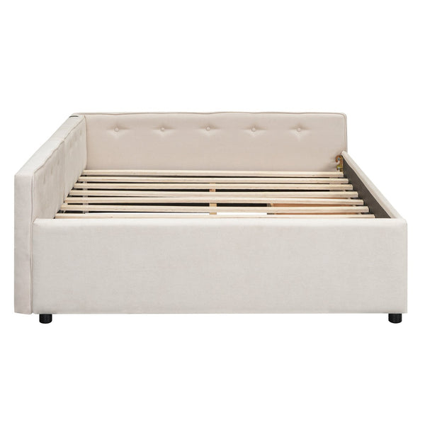 English Elm Full Full Size Upholstered Platform Bed with USB Ports, 2 Storage Drawers, Beige Linen Elegance DL000585AAA