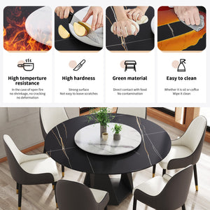 English Elm 59.05" Round Marble Dining Table With Lazy Susan, Black Iron Base For 6-8 People, Elegant Centerpiece W1535S00405