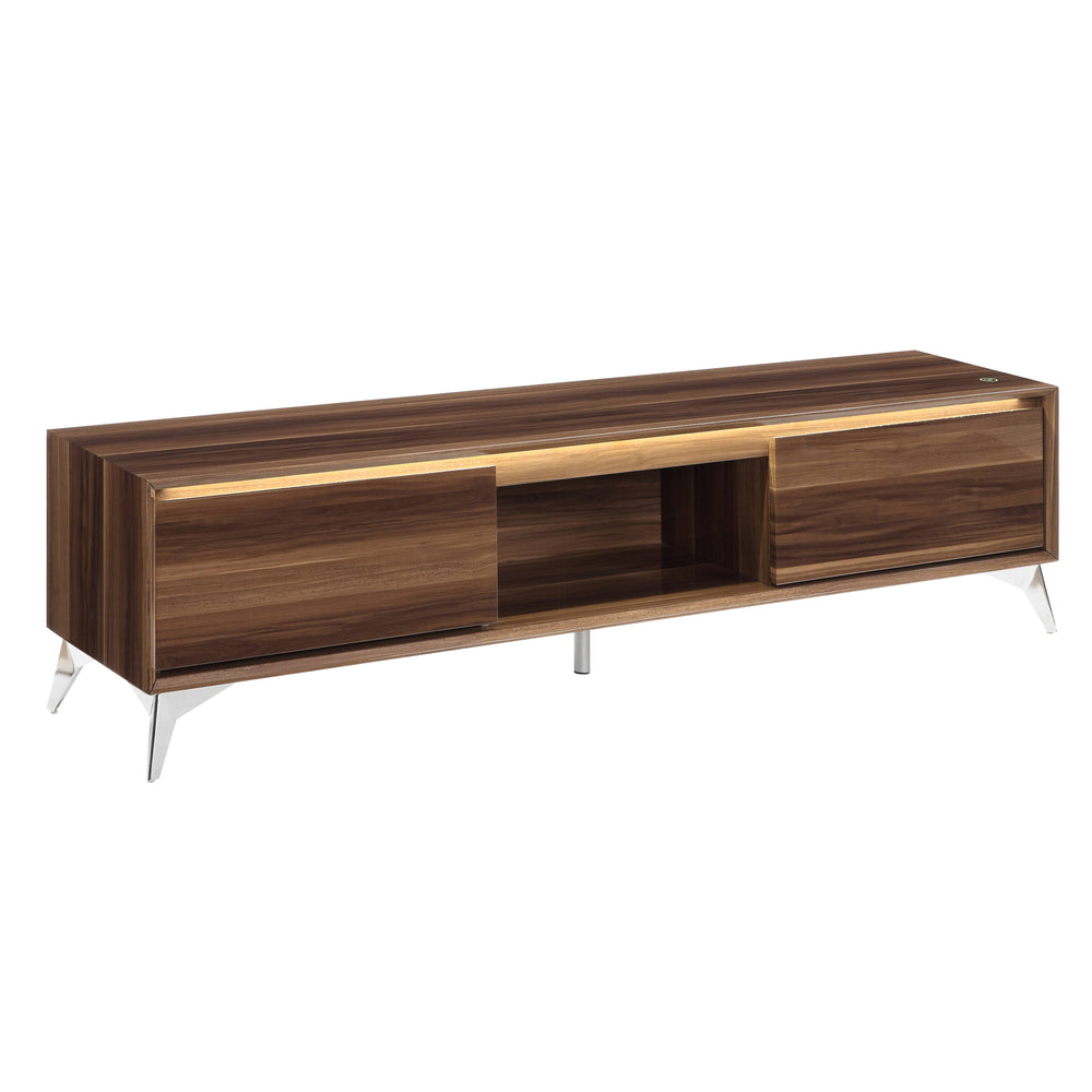 English Elm Raceloma Walnut TV Stand with Chrome Legs & LED Touch Light, Cord Management, Fits 65" TVs B2726P278172