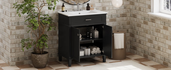 English Elm 30-inch bathroom vanity with ceramic basin, solid wood frame, soft-close doors and adjustable shelves for organized style and lasting durability Black N729P173380B